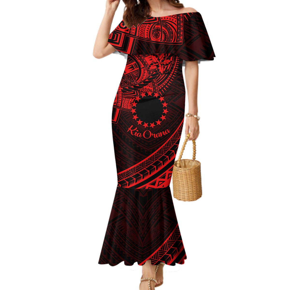 Kia Orana Cook Islands Family Matching Mermaid Dress and Hawaiian Shirt Circle Stars With Floral Red Pattern LT01 Mom's Dress Red - Polynesian Pride