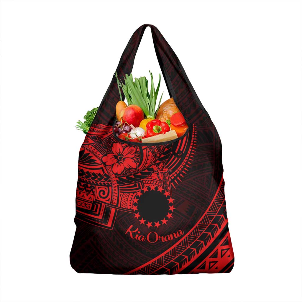 Kia Orana Cook Islands Grocery Bag Circle Stars With Floral Red Pattern LT01 1-pack One Size Red - Polynesian Pride
