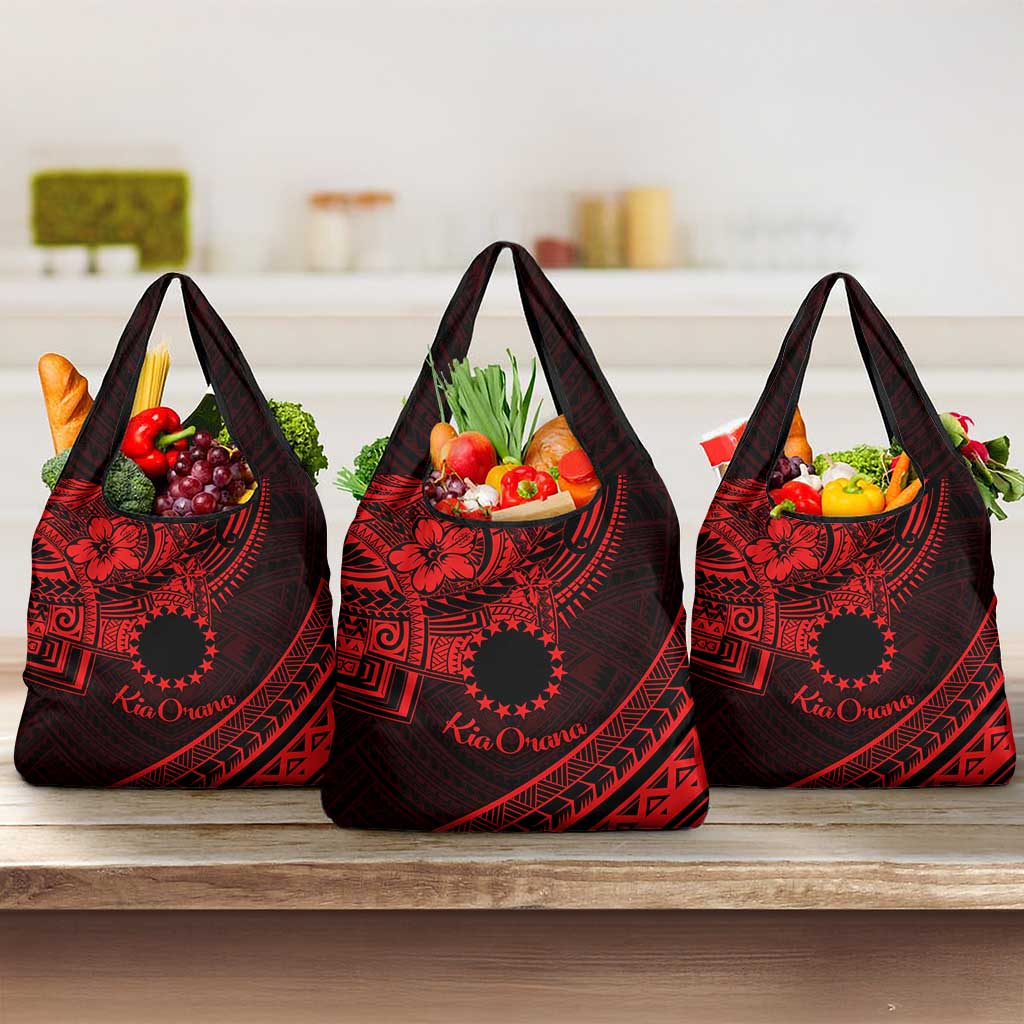 Kia Orana Cook Islands Grocery Bag Circle Stars With Floral Red Pattern LT01 3-pack One Size Red - Polynesian Pride