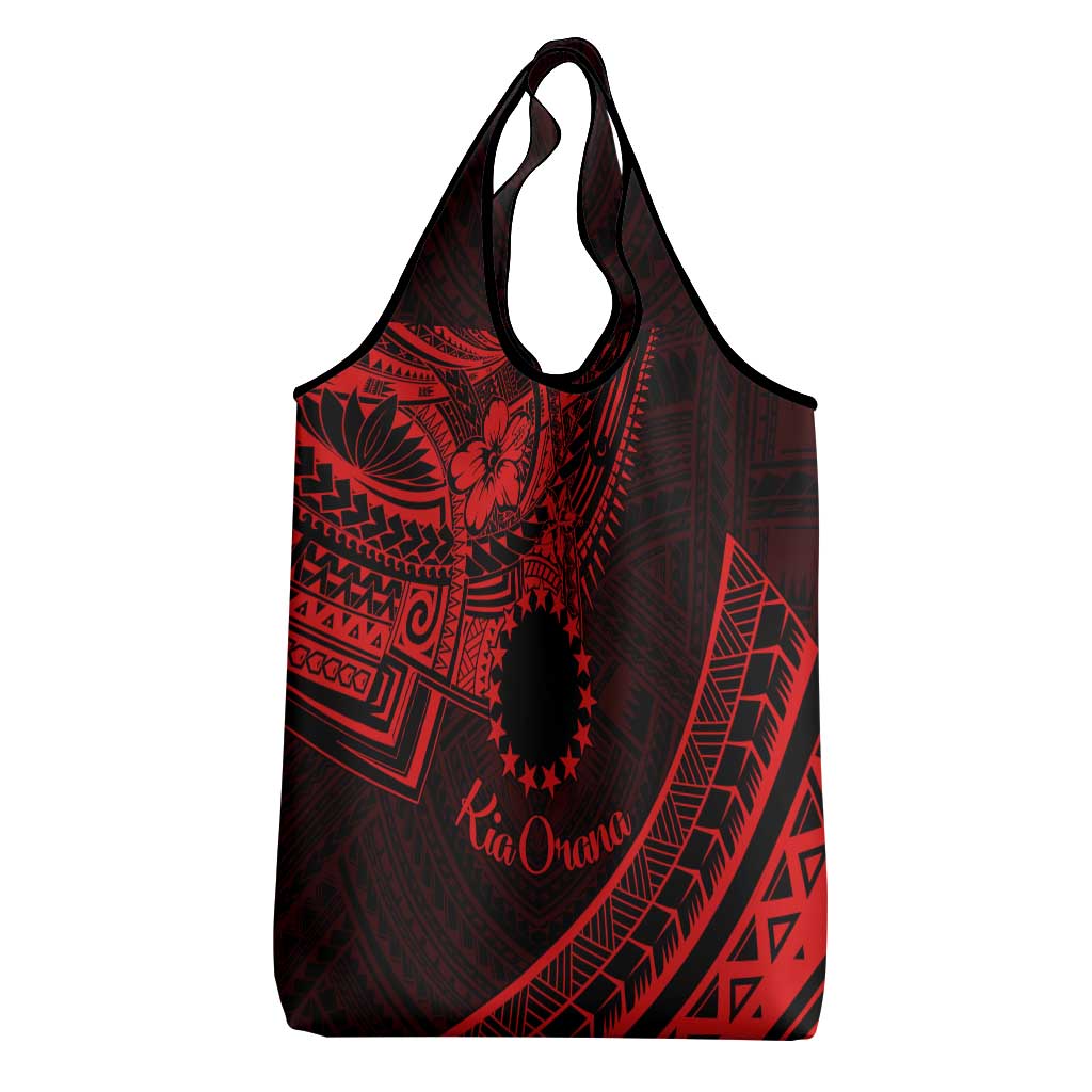 Kia Orana Cook Islands Grocery Bag Circle Stars With Floral Red Pattern LT01 - Polynesian Pride
