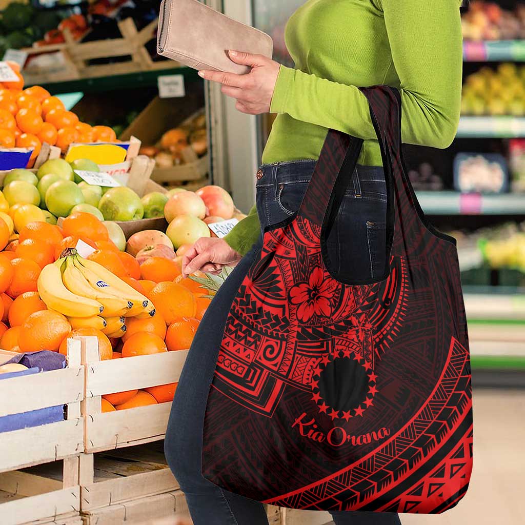 Kia Orana Cook Islands Grocery Bag Circle Stars With Floral Red Pattern LT01 - Polynesian Pride