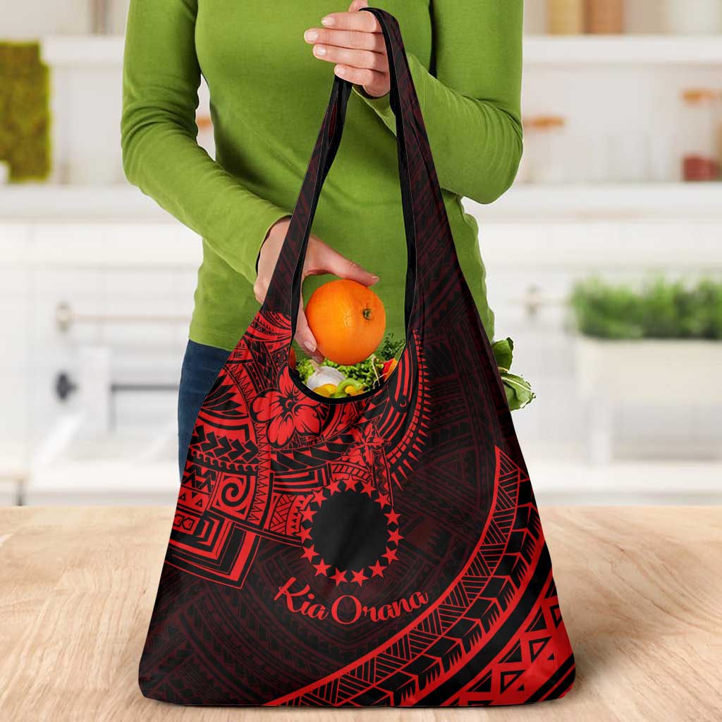 Kia Orana Cook Islands Grocery Bag Circle Stars With Floral Red Pattern LT01 - Polynesian Pride