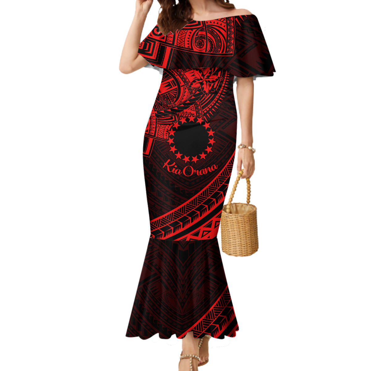 Kia Orana Cook Islands Mermaid Dress Circle Stars With Floral Red Pattern LT01 Women Red - Polynesian Pride