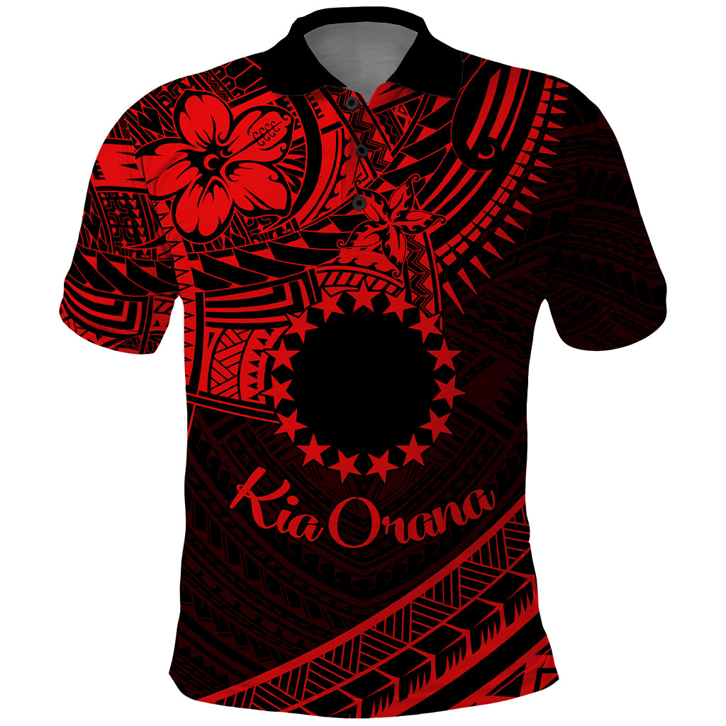 Kia Orana Cook Islands Polo Shirt Circle Stars With Floral Red Pattern LT01 Red - Polynesian Pride