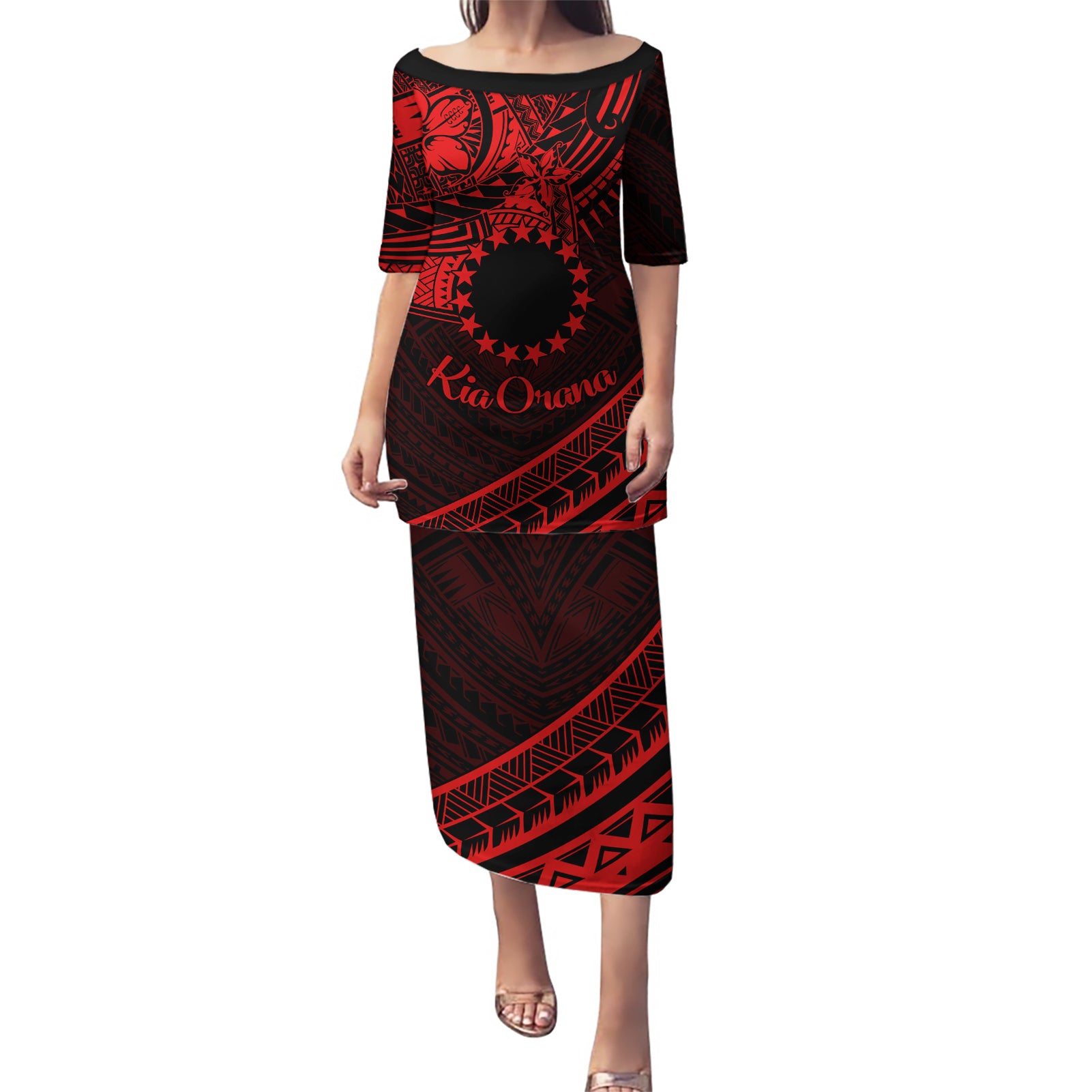 Kia Orana Cook Islands Puletasi Circle Stars With Floral Red Pattern LT01 Long Dress Red - Polynesian Pride