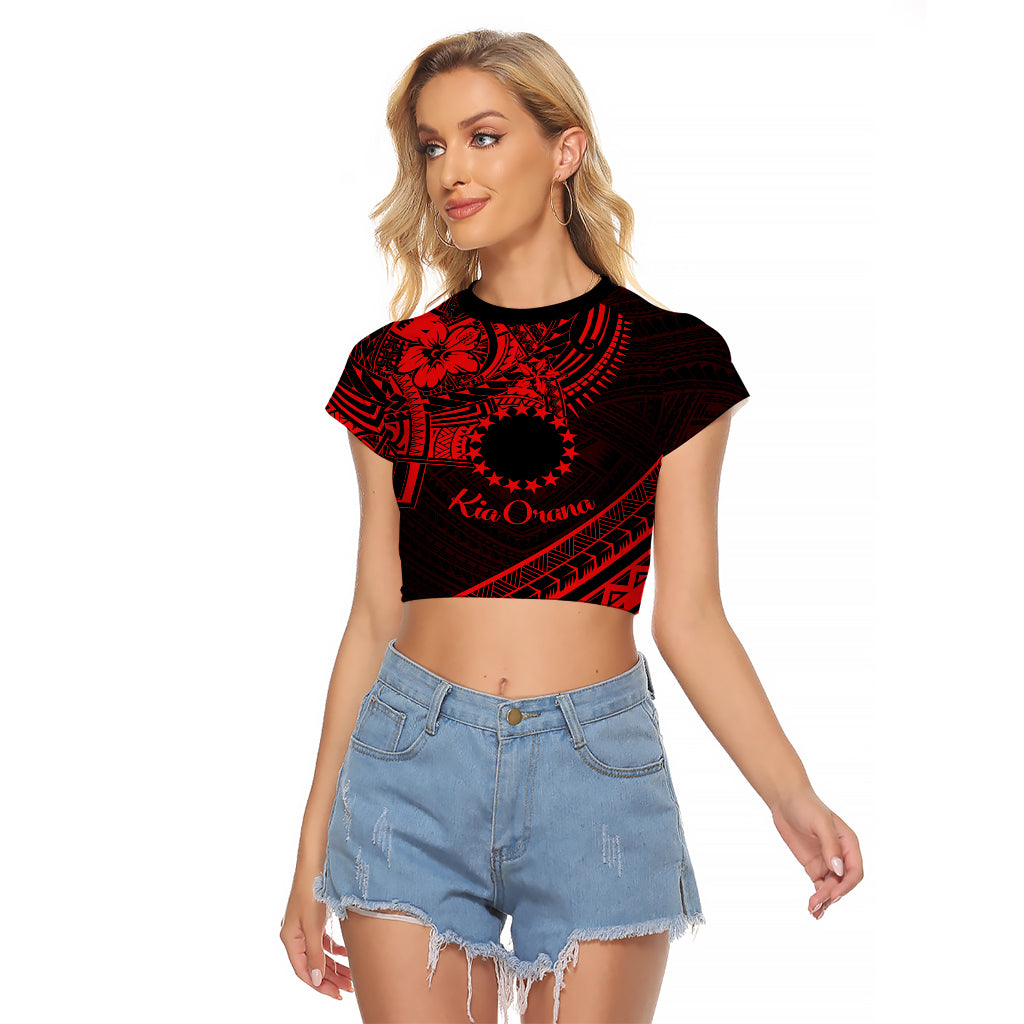 Kia Orana Cook Islands Raglan Cropped T Shirt Circle Stars With Floral Red Pattern LT01 Female Red - Polynesian Pride