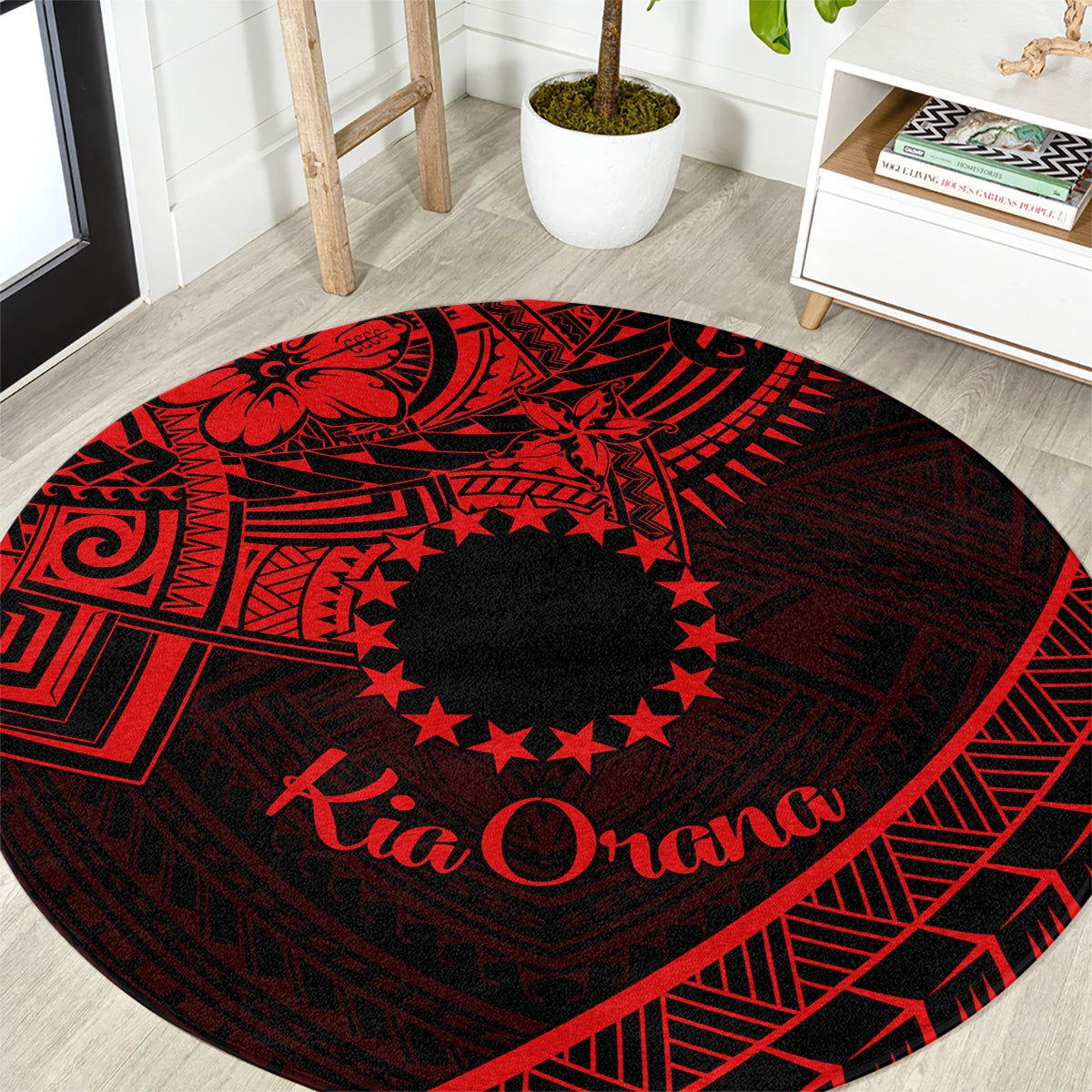 Kia Orana Cook Islands Round Carpet Circle Stars With Floral Red Pattern LT01 Red - Polynesian Pride