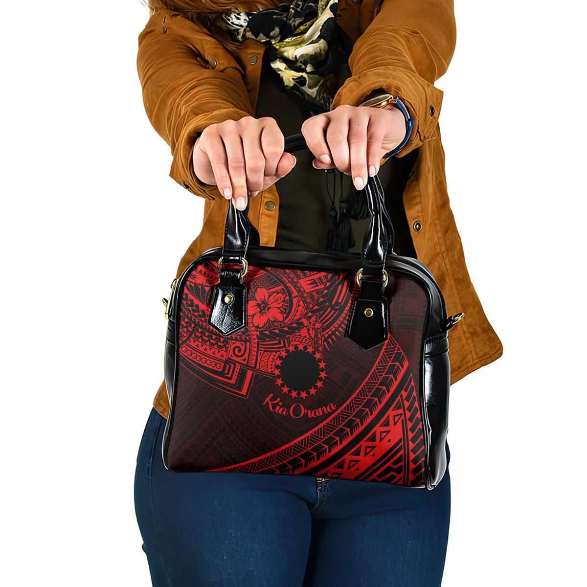 Kia Orana Cook Islands Shoulder Handbag Circle Stars With Floral Red Pattern LT01 One Size Red - Polynesian Pride