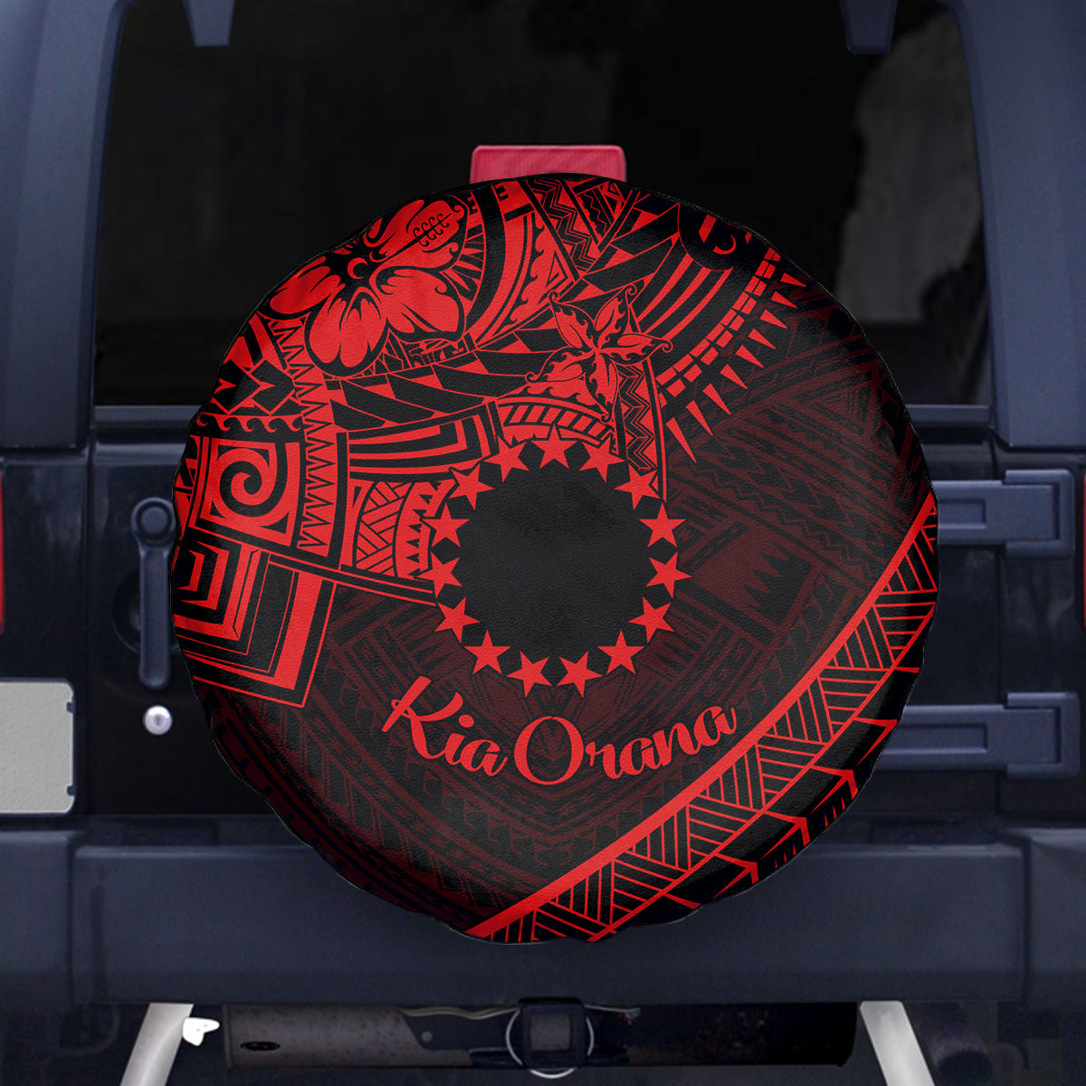 Kia Orana Cook Islands Spare Tire Cover Circle Stars With Floral Red Pattern LT01 Red - Polynesian Pride