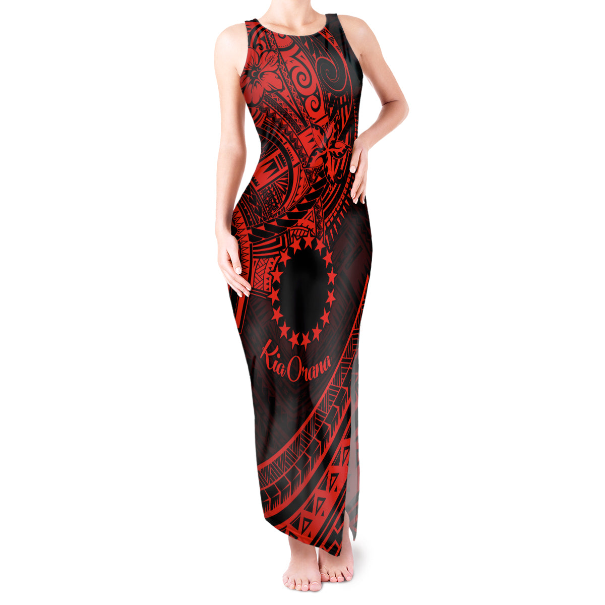 Kia Orana Cook Islands Tank Maxi Dress Circle Stars With Floral Red Pattern LT01 Women Red - Polynesian Pride