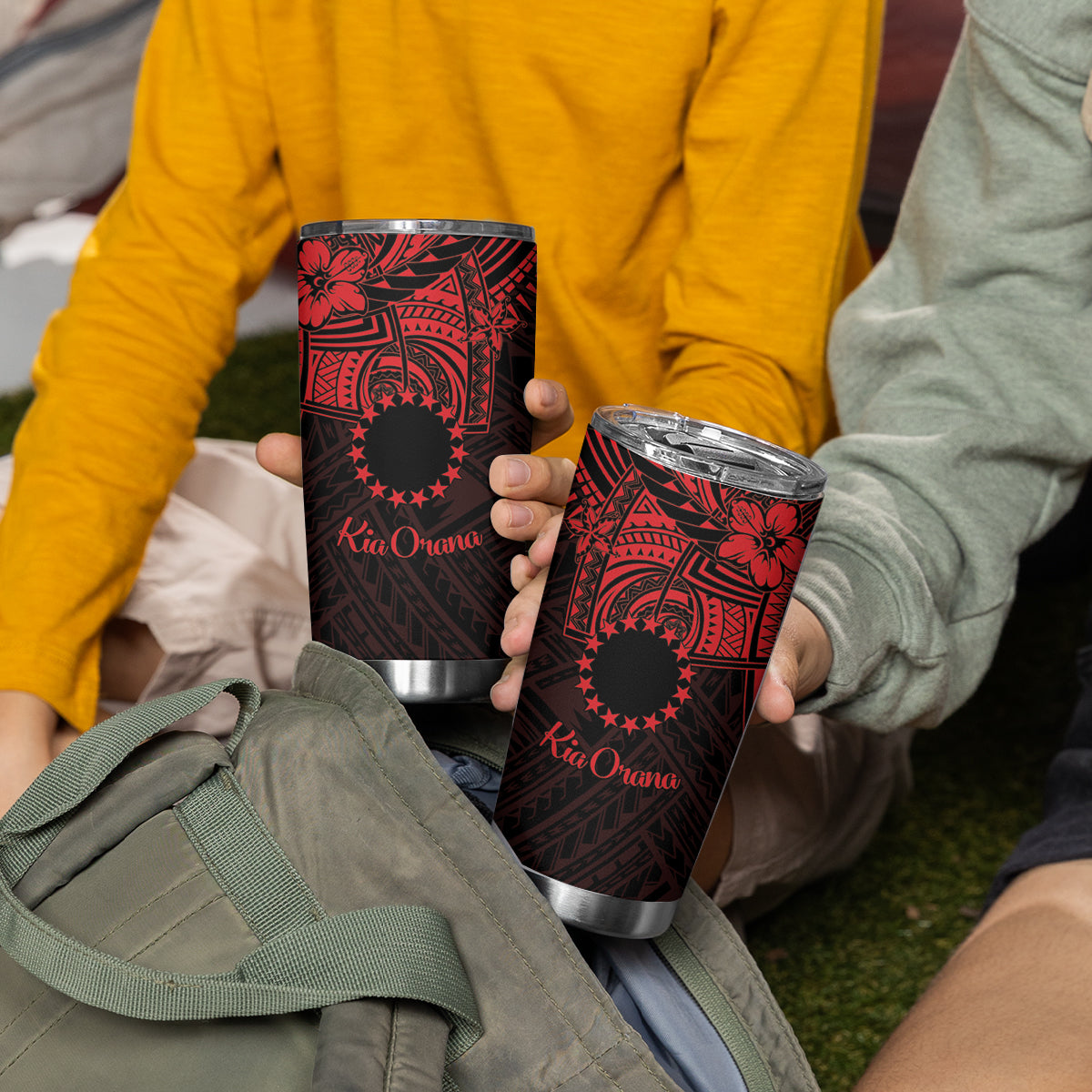 Kia Orana Cook Islands Tumbler Cup Circle Stars With Floral Red Pattern