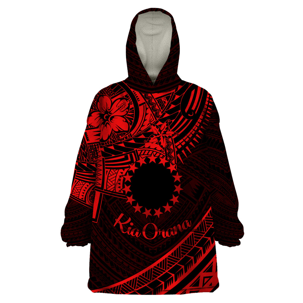 Kia Orana Cook Islands Wearable Blanket Hoodie Circle Stars With Floral Red Pattern LT01 One Size Red - Polynesian Pride