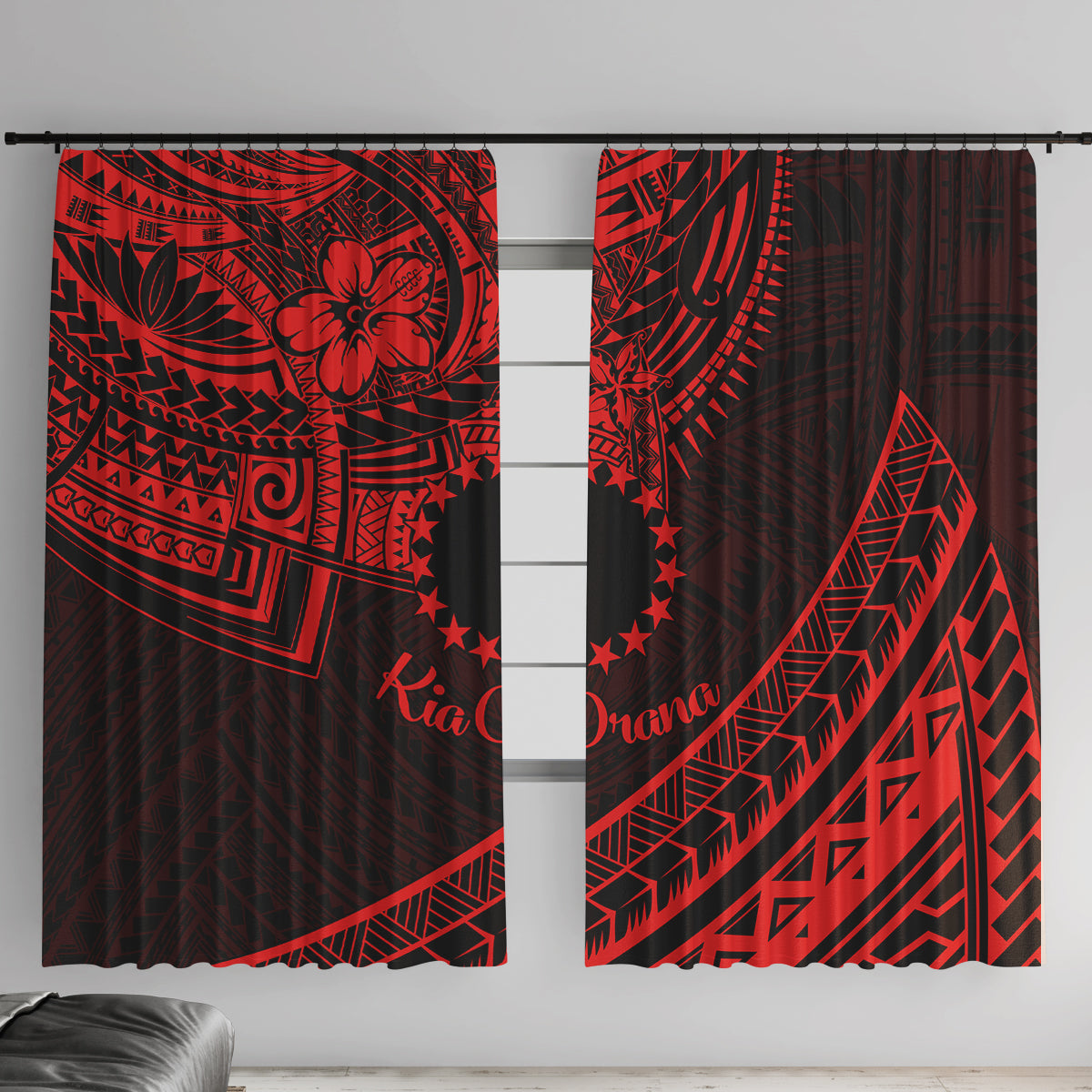 Kia Orana Cook Islands Window Curtain Circle Stars With Floral Red Pattern LT01 With Hooks Red - Polynesian Pride