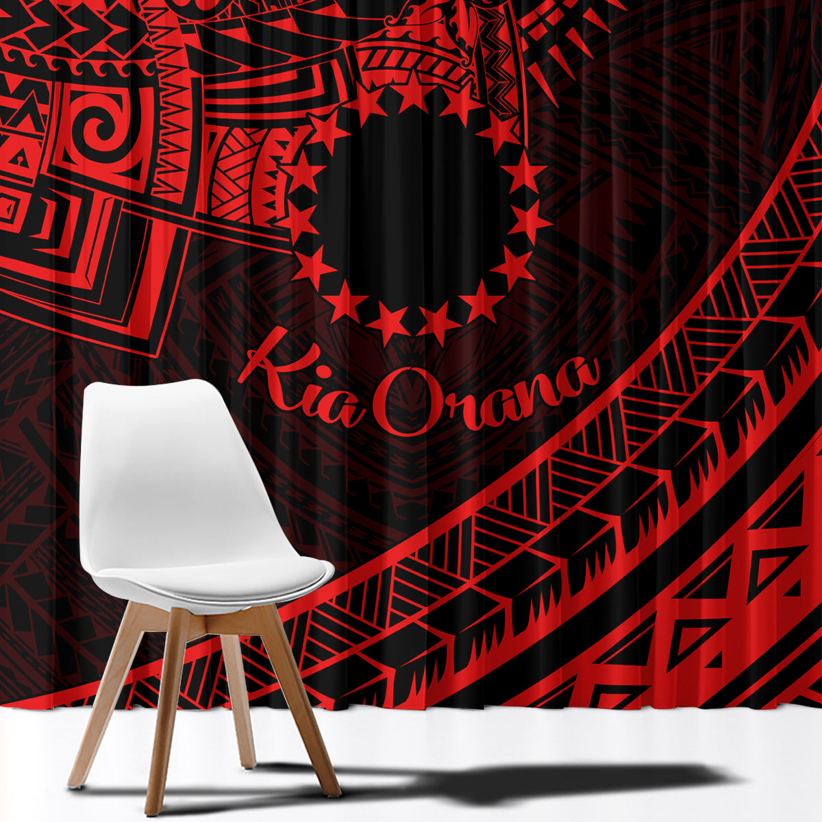 Kia Orana Cook Islands Window Curtain Circle Stars With Floral Red Pattern LT01 - Polynesian Pride