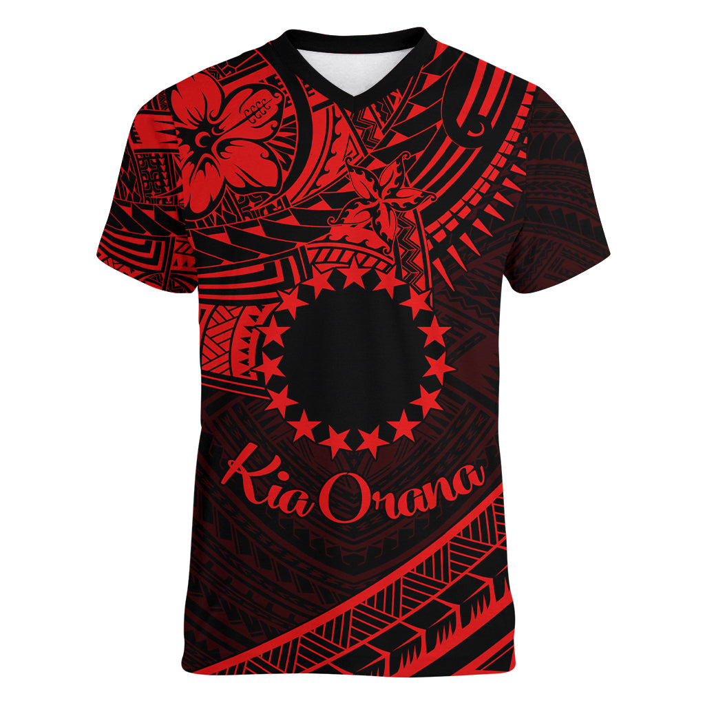 Kia Orana Cook Islands Women V Neck T Shirt Circle Stars With Floral Red Pattern LT01 Female Red - Polynesian Pride