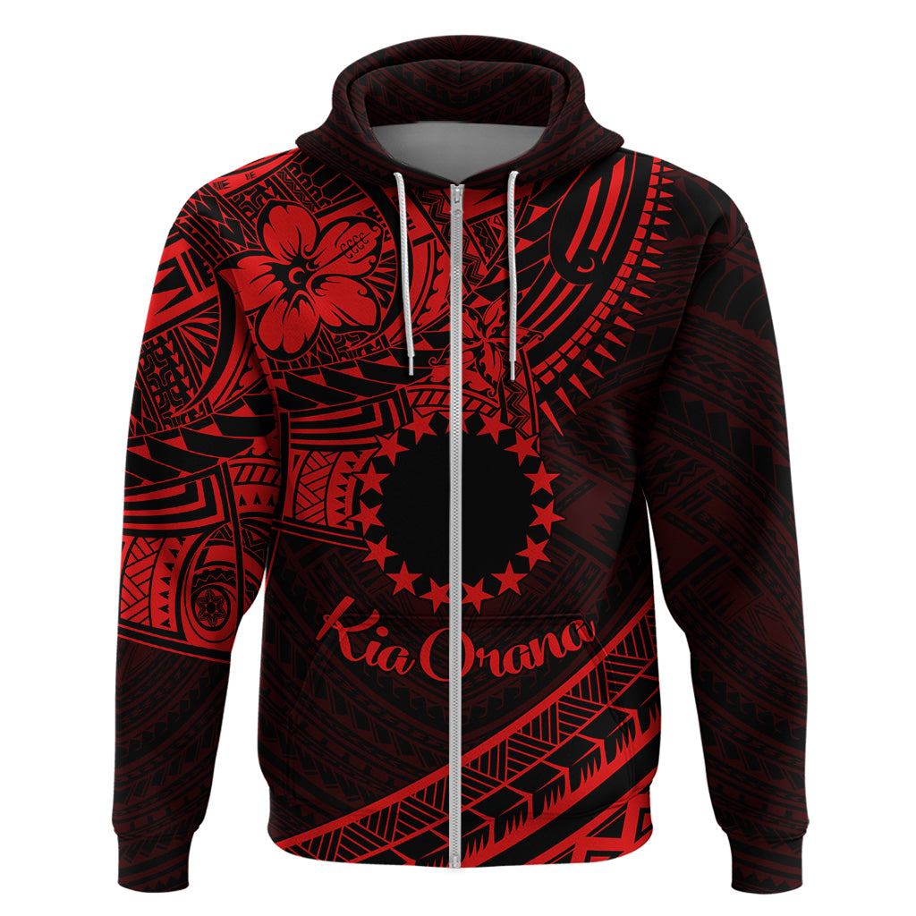 Kia Orana Cook Islands Zip Hoodie Circle Stars With Floral Red Pattern LT01 Zip Hoodie Red - Polynesian Pride