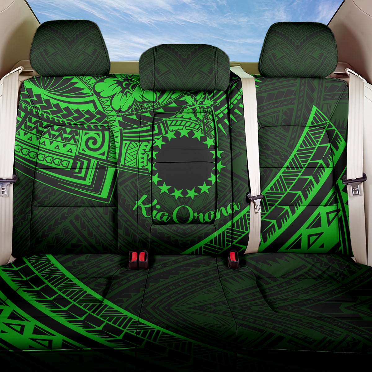 Kia Orana Cook Islands Back Car Seat Cover Circle Stars With Floral Green Pattern LT01