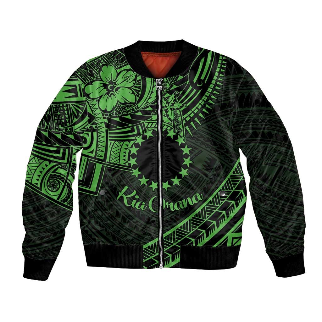 Kia Orana Cook Islands Bomber Jacket Circle Stars With Floral Green Pattern LT01 Unisex Green - Polynesian Pride