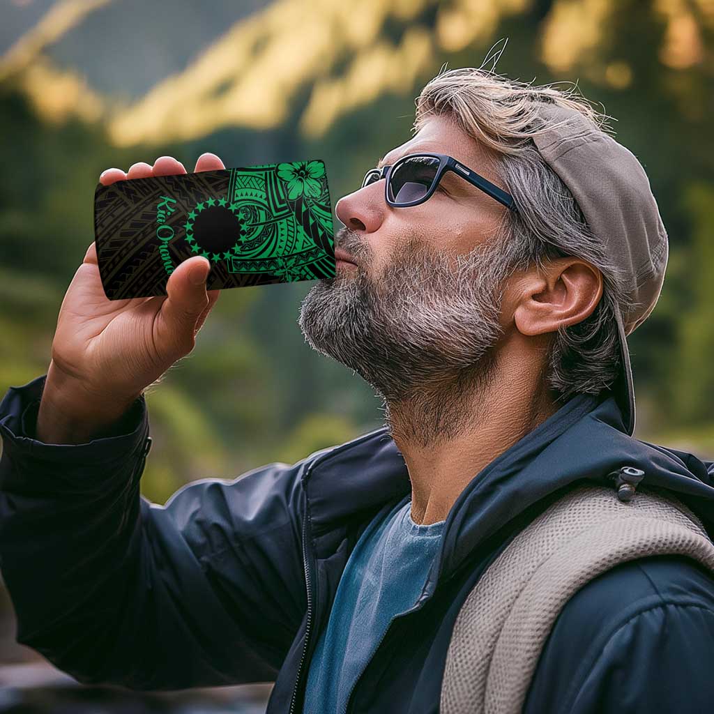 Kia Orana Cook Islands 4 in 1 Can Cooler Tumbler Circle Stars With Floral Green Pattern