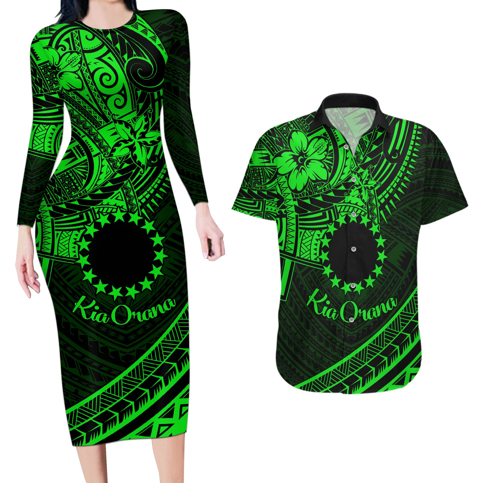 Kia Orana Cook Islands Couples Matching Long Sleeve Bodycon Dress and Hawaiian Shirt Circle Stars With Floral Green Pattern LT01 Green - Polynesian Pride