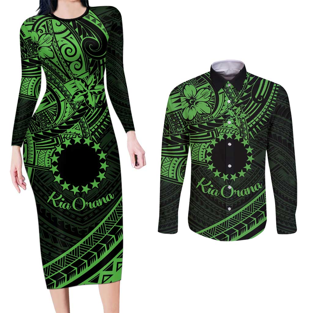 Kia Orana Cook Islands Couples Matching Long Sleeve Bodycon Dress and Long Sleeve Button Shirt Circle Stars With Floral Green Pattern LT01 Green - Polynesian Pride