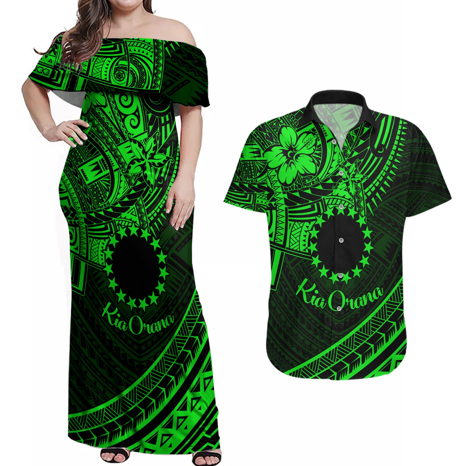 Kia Orana Cook Islands Couples Matching Off Shoulder Maxi Dress and Hawaiian Shirt Circle Stars With Floral Green Pattern LT01 Green - Polynesian Pride