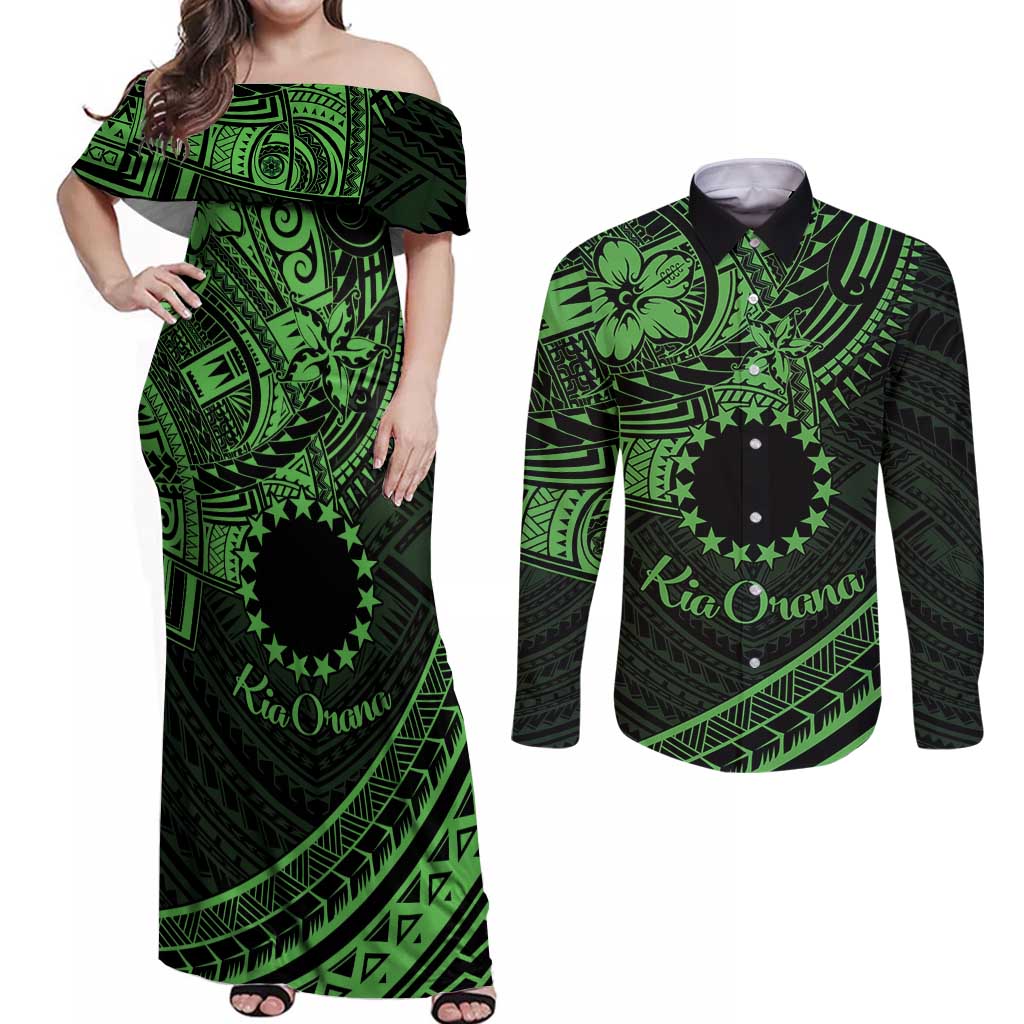 Kia Orana Cook Islands Couples Matching Off Shoulder Maxi Dress and Long Sleeve Button Shirt Circle Stars With Floral Green Pattern LT01 Green - Polynesian Pride