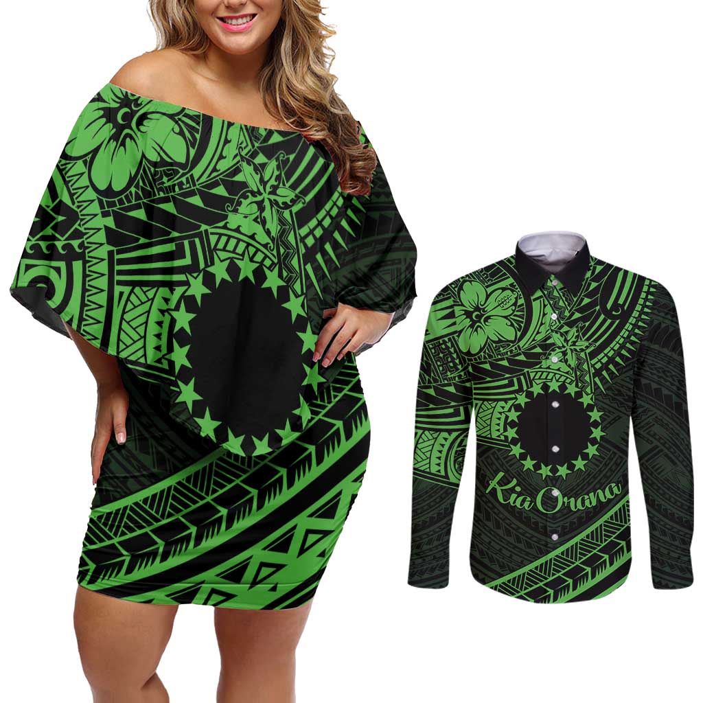 Kia Orana Cook Islands Couples Matching Off Shoulder Short Dress and Long Sleeve Button Shirt Circle Stars With Floral Green Pattern LT01 Green - Polynesian Pride