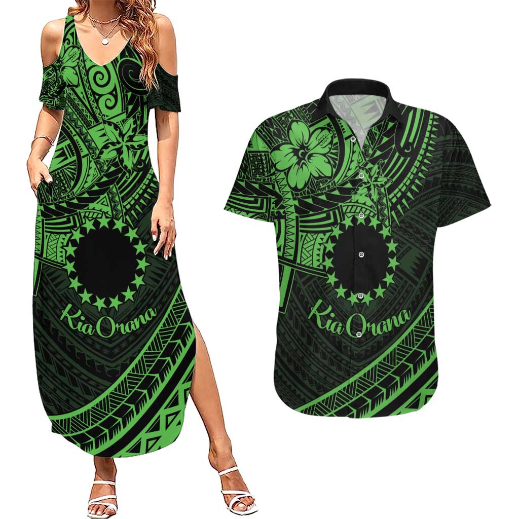 Kia Orana Cook Islands Couples Matching Summer Maxi Dress and Hawaiian Shirt Circle Stars With Floral Green Pattern LT01 Green - Polynesian Pride