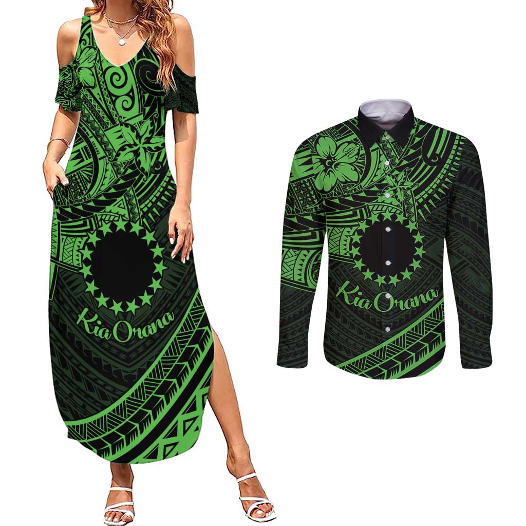 Kia Orana Cook Islands Couples Matching Summer Maxi Dress and Long Sleeve Button Shirt Circle Stars With Floral Green Pattern LT01 Green - Polynesian Pride