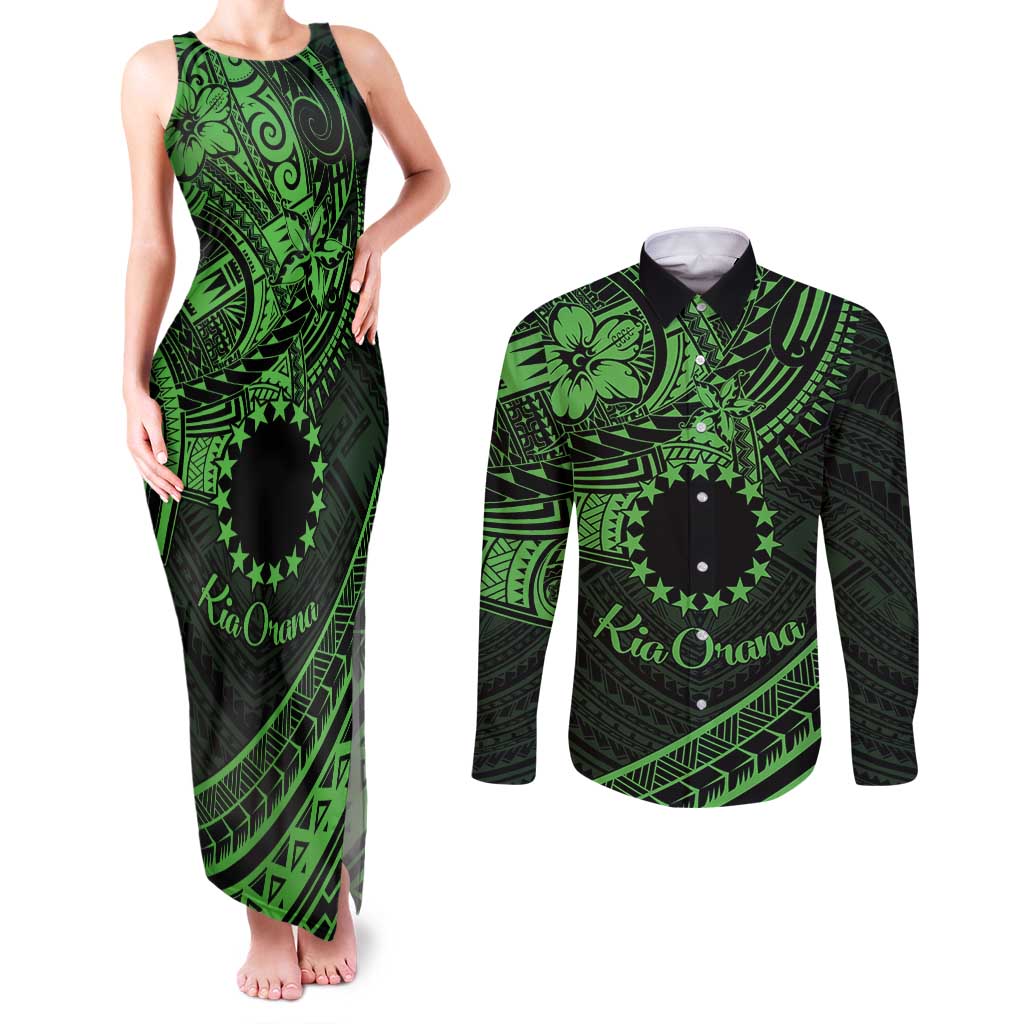 Kia Orana Cook Islands Couples Matching Tank Maxi Dress and Long Sleeve Button Shirt Circle Stars With Floral Green Pattern LT01 Green - Polynesian Pride
