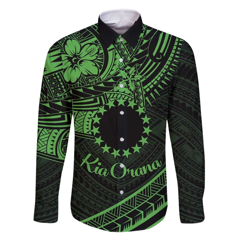 Kia Orana Cook Islands Family Matching Long Sleeve Bodycon Dress and Hawaiian Shirt Circle Stars With Floral Green Pattern LT01