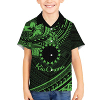 Kia Orana Cook Islands Family Matching Off Shoulder Long Sleeve Dress and Hawaiian Shirt Circle Stars With Floral Green Pattern LT01