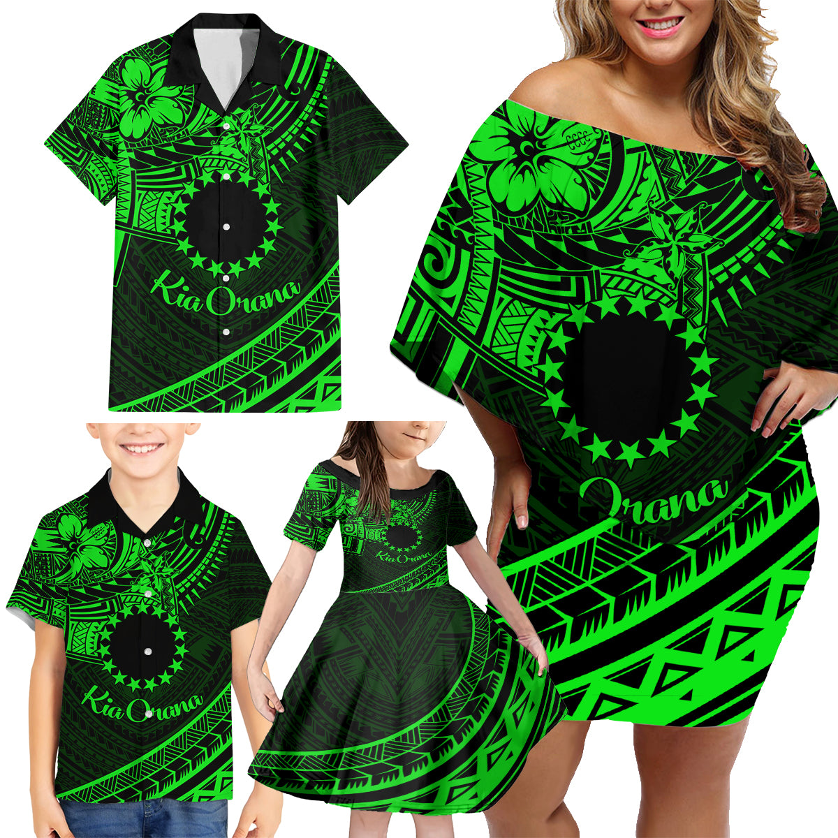 Kia Orana Cook Islands Family Matching Off Shoulder Short Dress and Hawaiian Shirt Circle Stars With Floral Green Pattern LT01