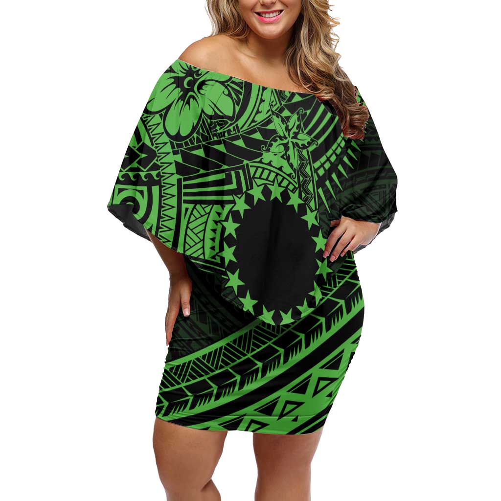 Kia Orana Cook Islands Family Matching Off Shoulder Short Dress and Hawaiian Shirt Circle Stars With Floral Green Pattern LT01
