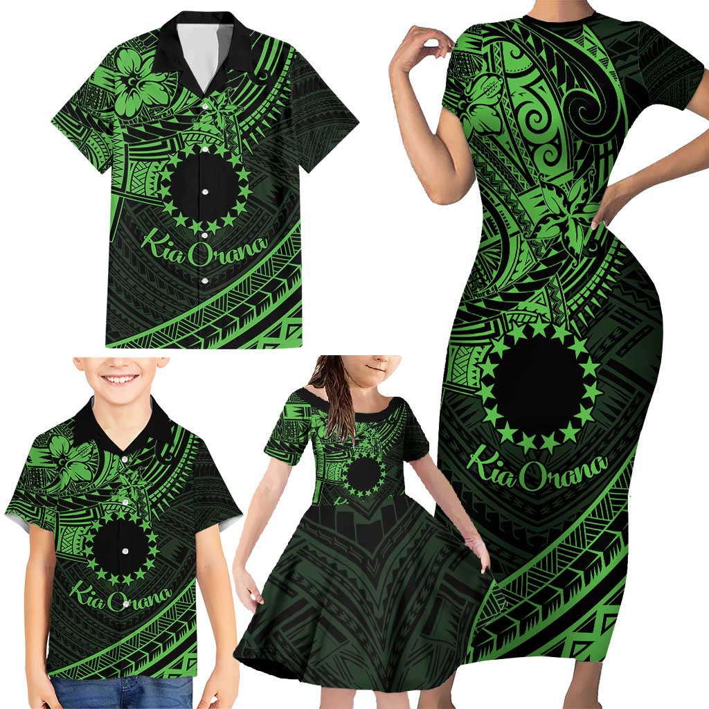 Kia Orana Cook Islands Family Matching Short Sleeve Bodycon Dress and Hawaiian Shirt Circle Stars With Floral Green Pattern LT01 - Polynesian Pride