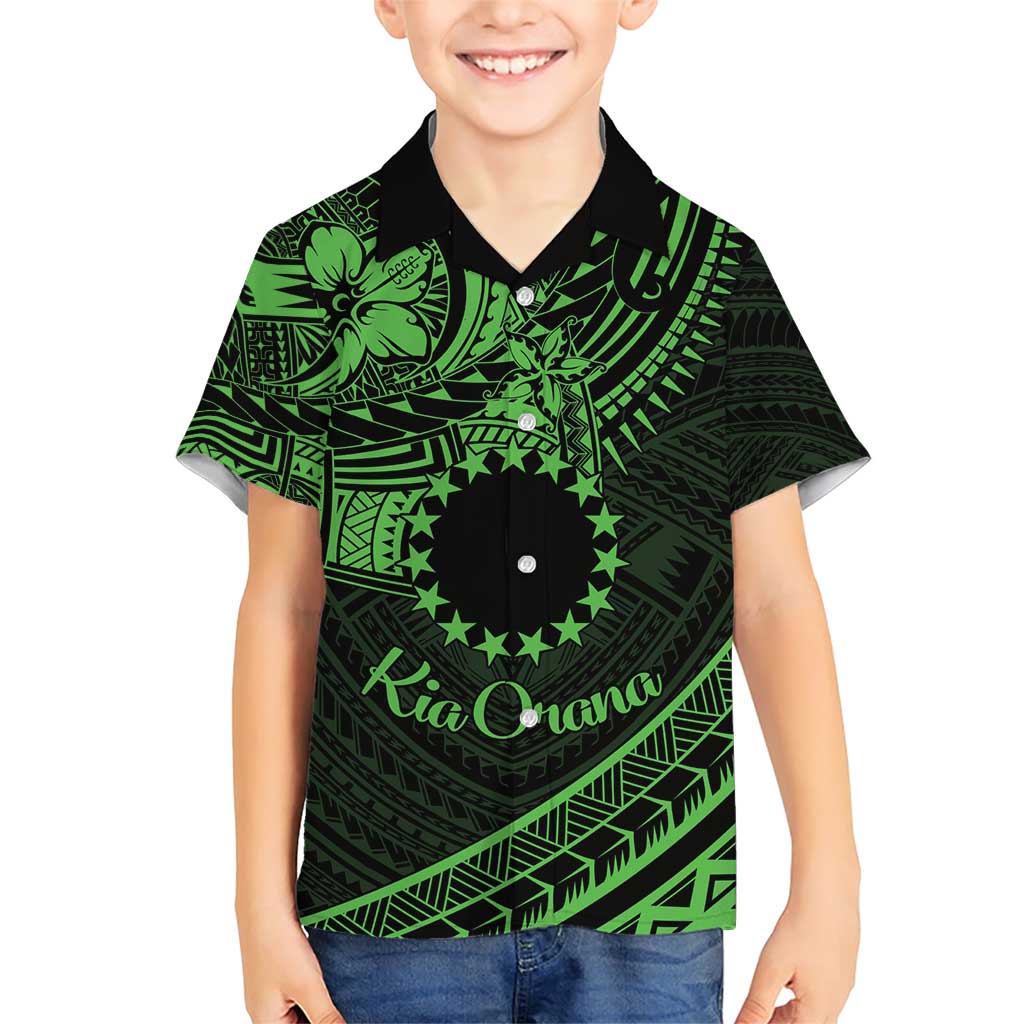 Kia Orana Cook Islands Family Matching Short Sleeve Bodycon Dress and Hawaiian Shirt Circle Stars With Floral Green Pattern LT01