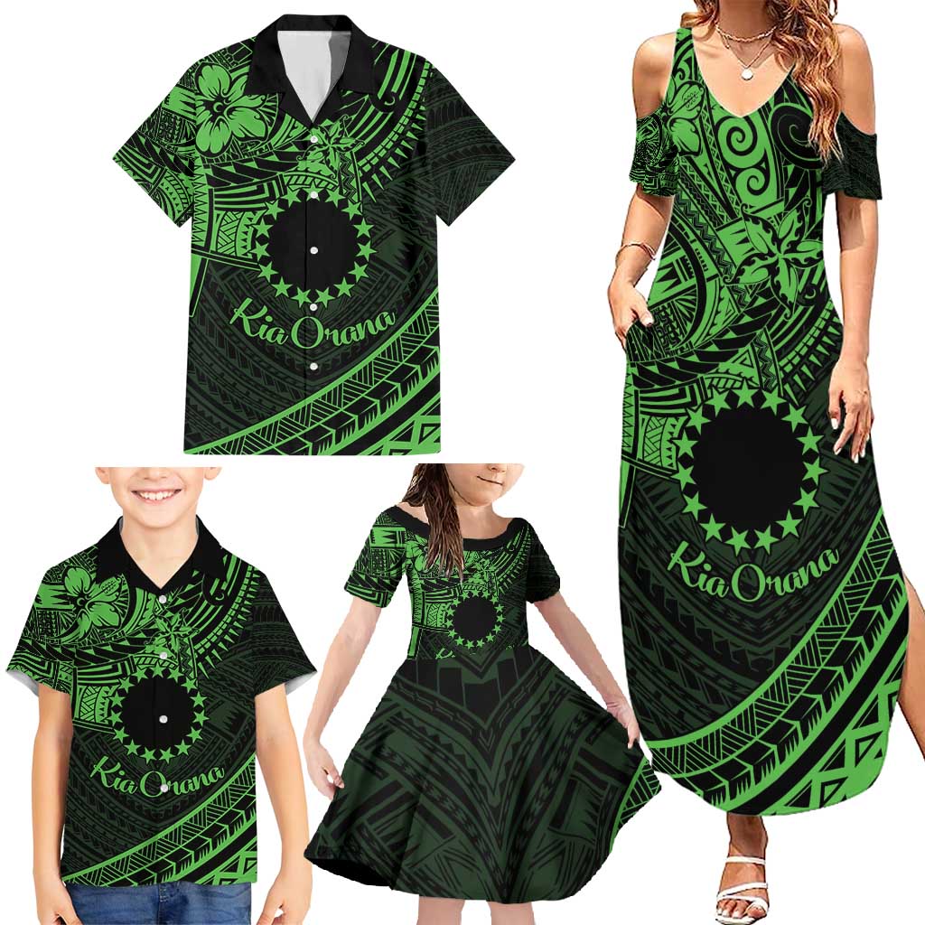 Kia Orana Cook Islands Family Matching Summer Maxi Dress and Hawaiian Shirt Circle Stars With Floral Green Pattern LT01