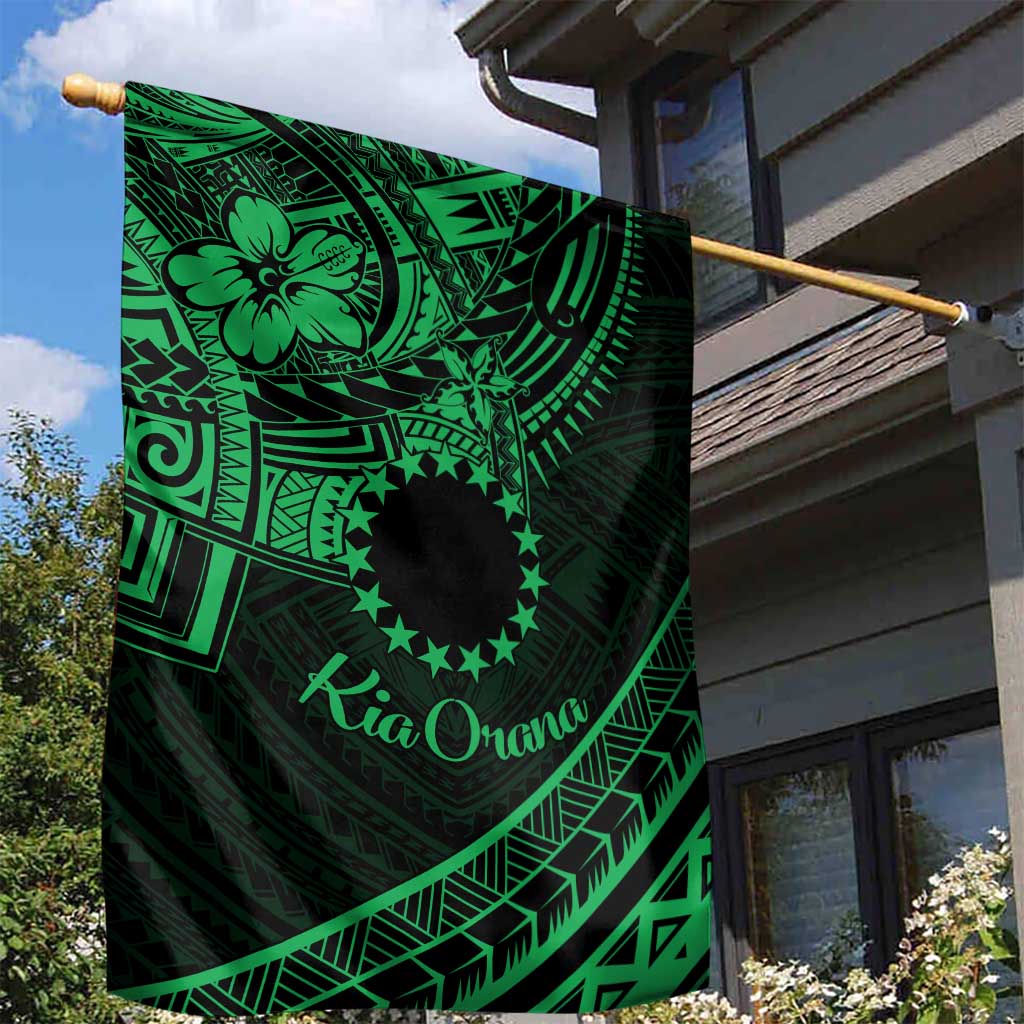 Kia Orana Cook Islands Garden Flag Circle Stars With Floral Green Pattern LT01 - Polynesian Pride