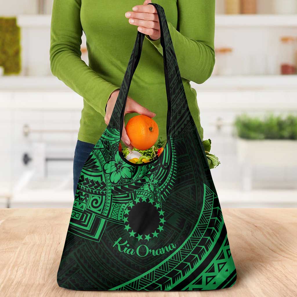 Kia Orana Cook Islands Grocery Bag Circle Stars With Floral Green Pattern LT01 - Polynesian Pride