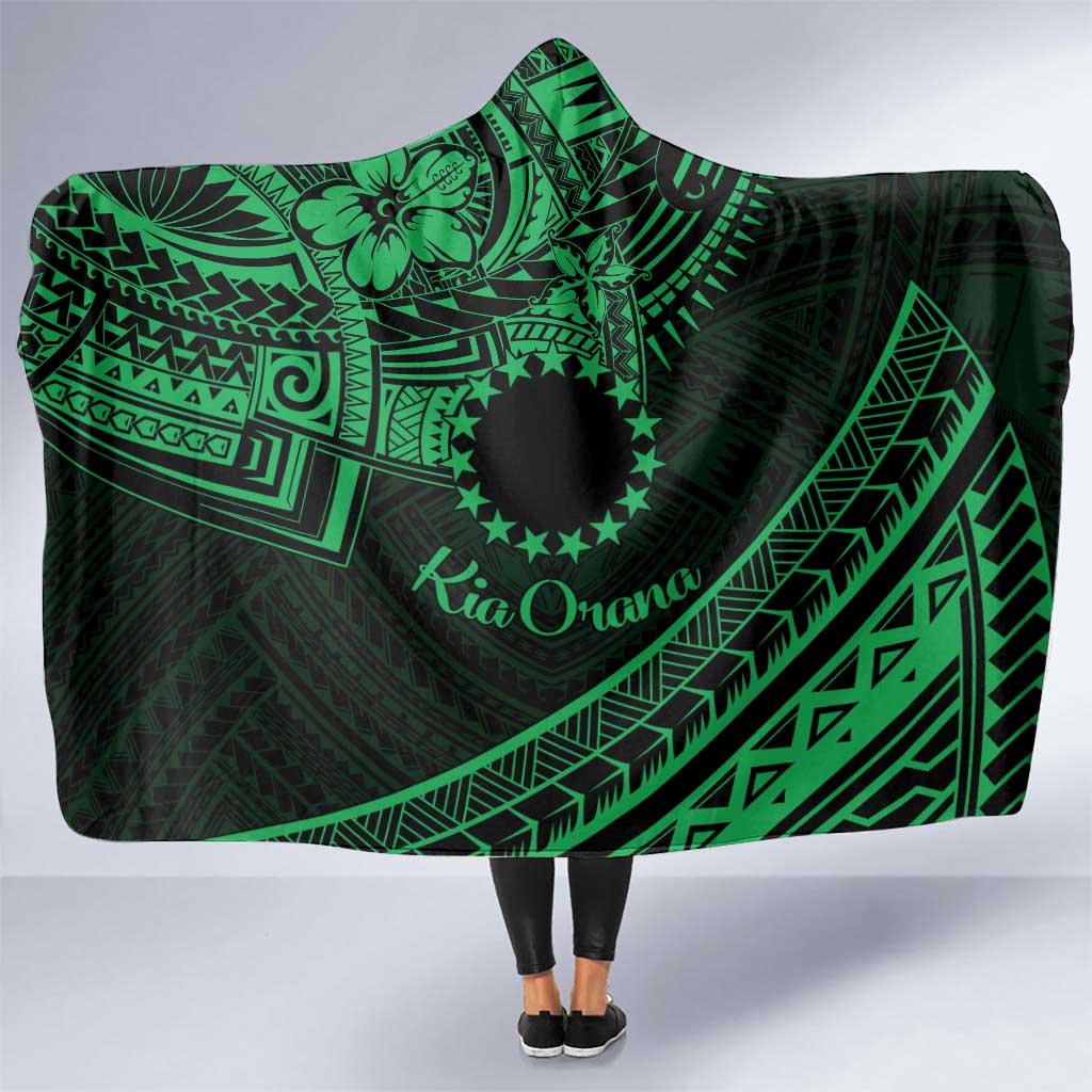 Kia Orana Cook Islands Hooded Blanket Circle Stars With Floral Green Pattern LT01