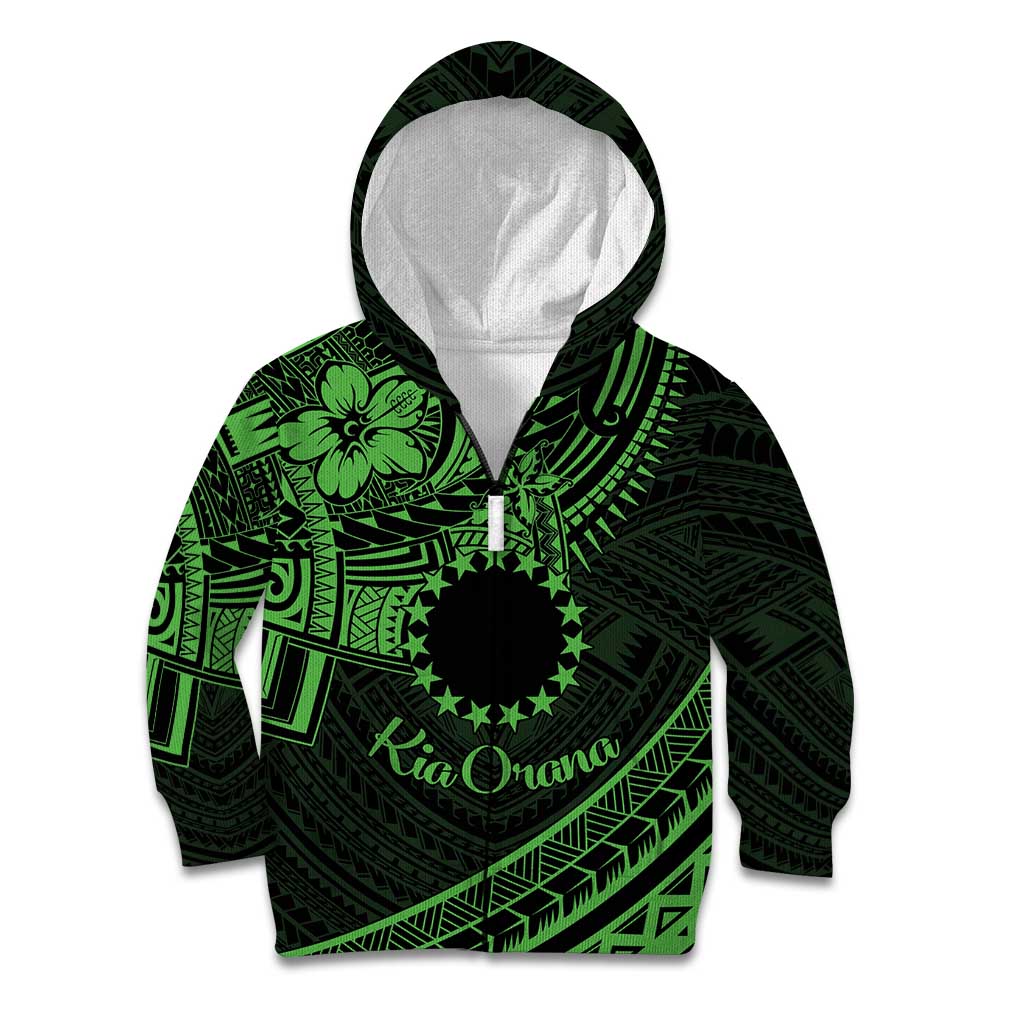 Kia Orana Cook Islands Kid Hoodie Circle Stars With Floral Green Pattern LT01