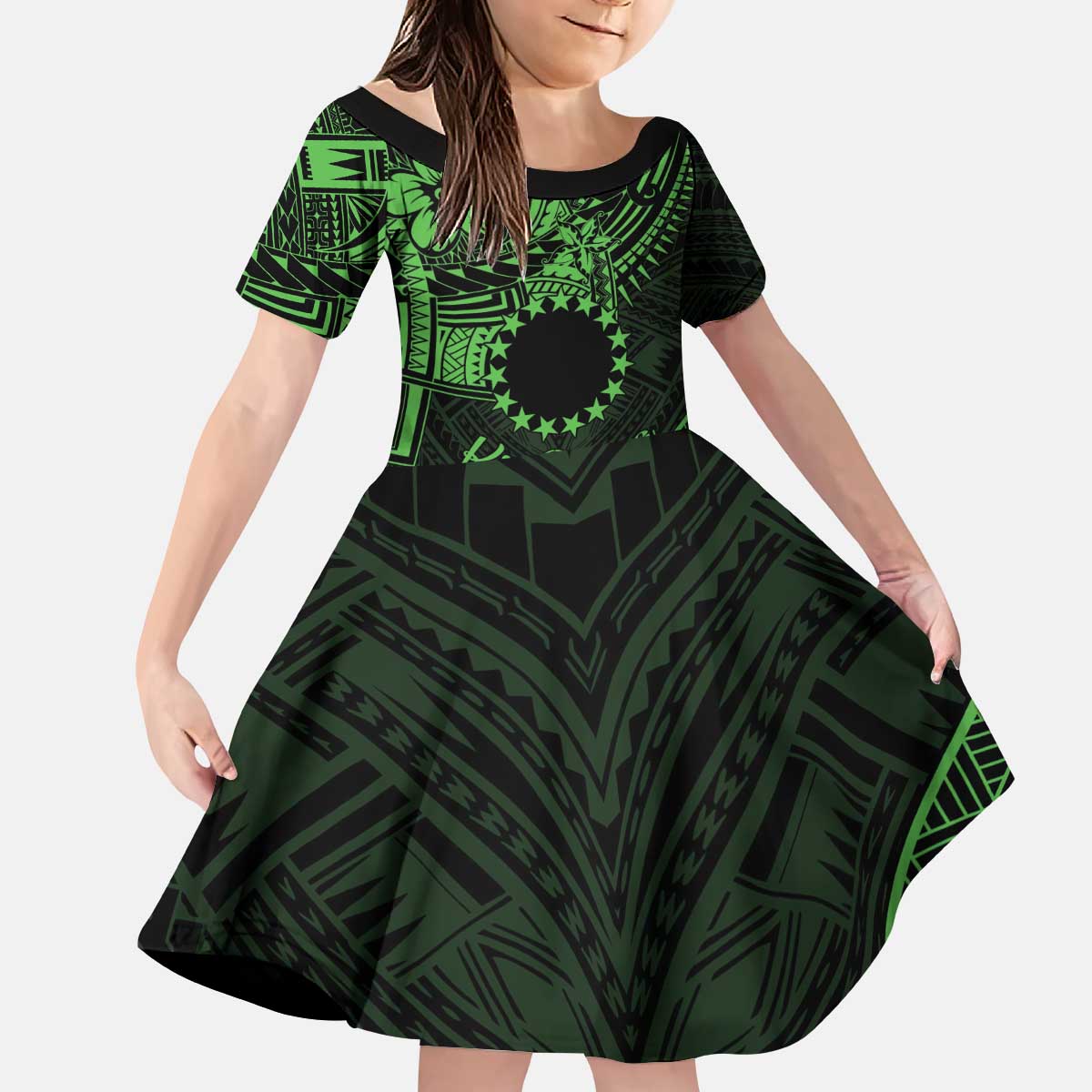 Kia Orana Cook Islands Kid Short Sleeve Dress Circle Stars With Floral Green Pattern LT01 KID Green - Polynesian Pride