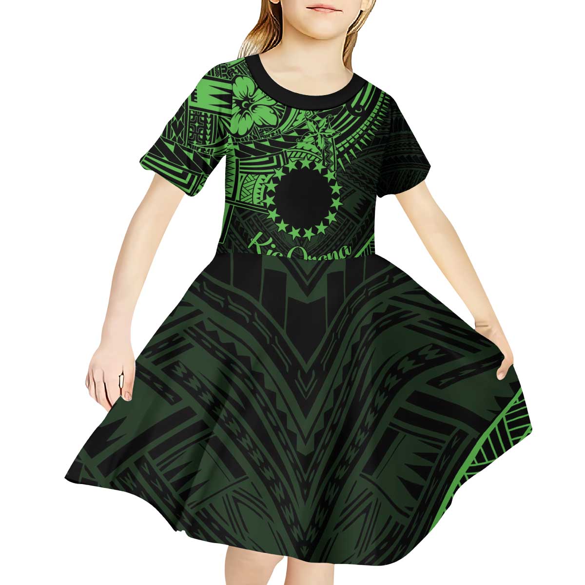 Kia Orana Cook Islands Kid Short Sleeve Dress Circle Stars With Floral Green Pattern LT01 - Polynesian Pride