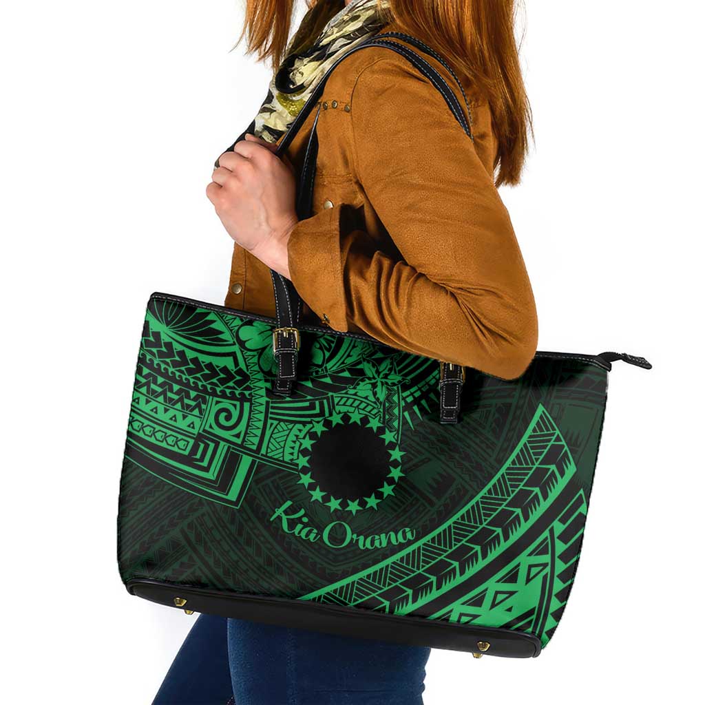 Kia Orana Cook Islands Leather Tote Bag Circle Stars With Floral Green Pattern LT01 Green - Polynesian Pride