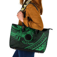Kia Orana Cook Islands Leather Tote Bag Circle Stars With Floral Green Pattern LT01 Green - Polynesian Pride