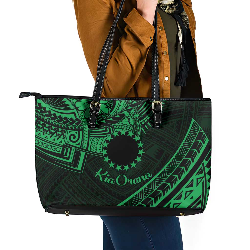 Kia Orana Cook Islands Leather Tote Bag Circle Stars With Floral Green Pattern LT01 - Polynesian Pride
