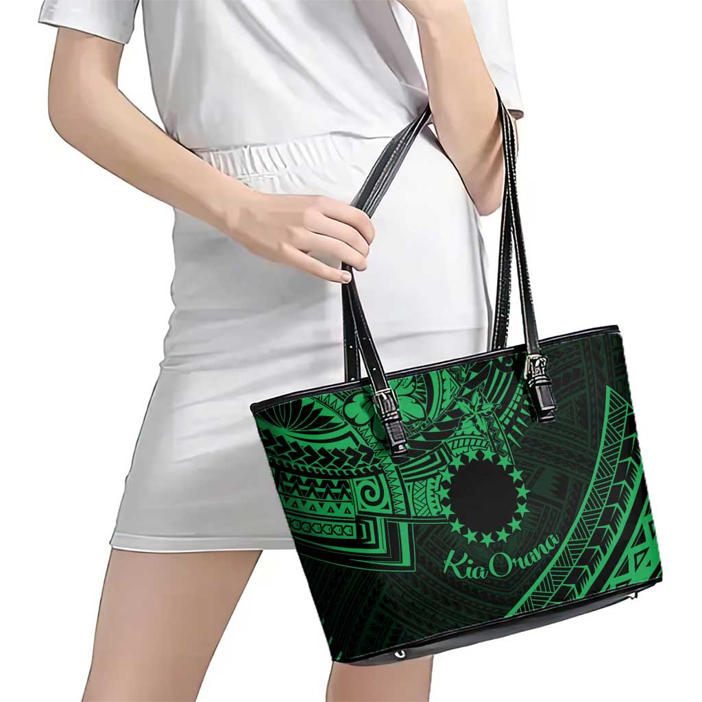 Kia Orana Cook Islands Leather Tote Bag Circle Stars With Floral Green Pattern LT01 - Polynesian Pride