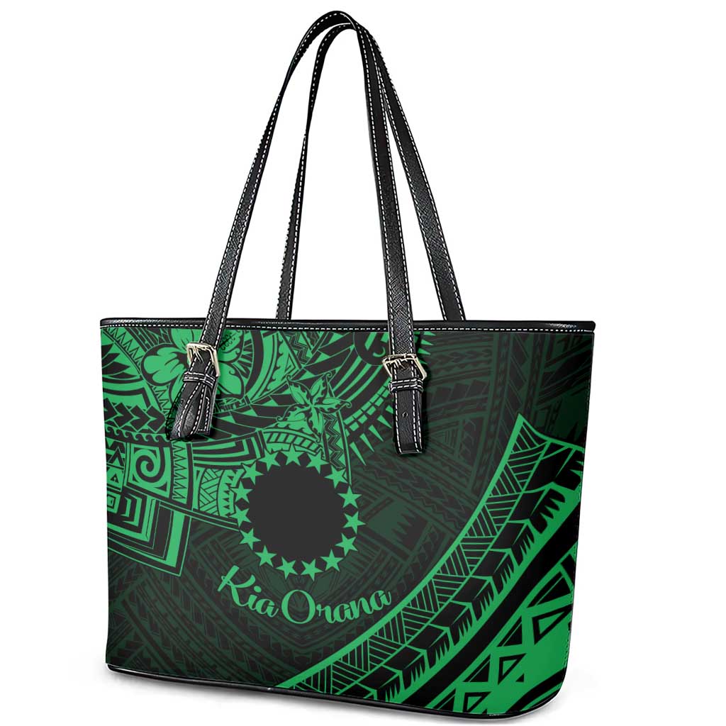 Kia Orana Cook Islands Leather Tote Bag Circle Stars With Floral Green Pattern LT01 - Polynesian Pride