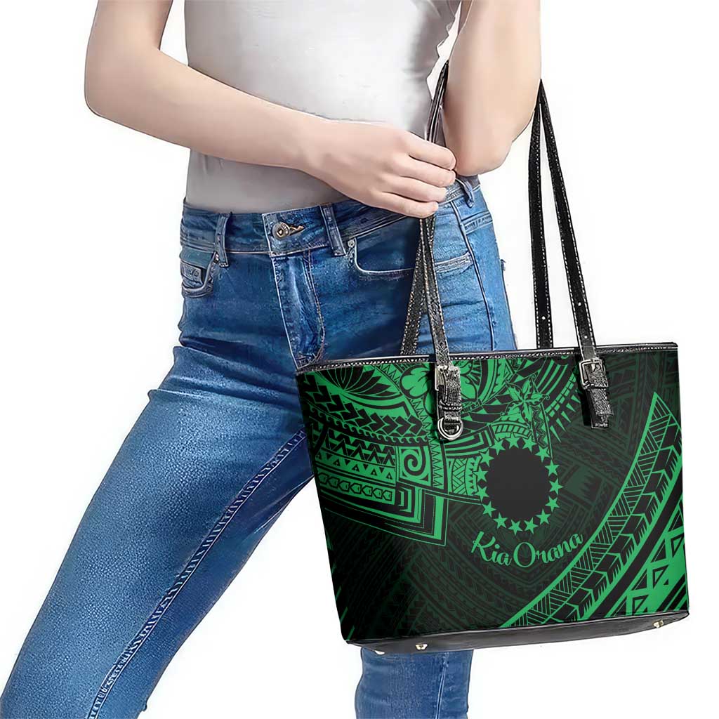 Kia Orana Cook Islands Leather Tote Bag Circle Stars With Floral Green Pattern LT01 - Polynesian Pride